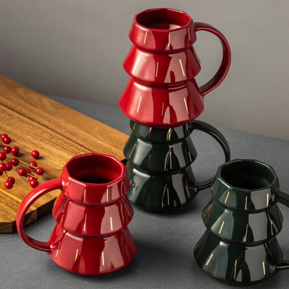 Thyme & Table 15 fl oz 4-Pack of Tree Shape Ceramic Mugs - Red and Green
